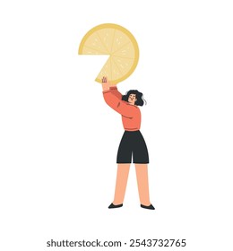 Woman Character with Big Lemon Slice Vector Illustration