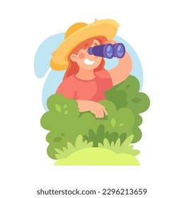 Woman Character with Binoculars Behind Bush Looking Into the Distance Vector Illustration