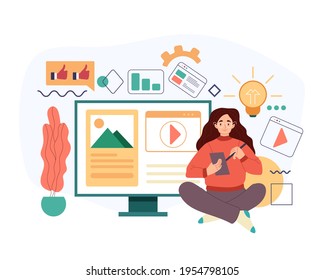 Woman character blogger copywriter journalist content manager working. Vector flat cartoon modern style abstract illustration