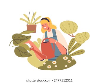 Woman Character With Blonde Hair, Wearing A Headband And Apron, Happily Watering Indoor Plants In A Cozy Country Setting