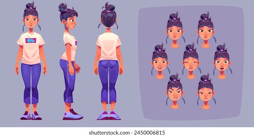 Conjunto de Vector de diseño de dibujos animados de cuerpo de personaje de mujer. Paquete aislado de creación de vista lateral, frontal y posterior de la persona femenina. Expresión emocional con sonrisa, sorprendido y triste modelo de cara constructor de animación