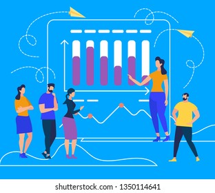 Woman Character Business Coacher Doing Presentation to Group of Office Employees on Blue Background with Outline Nature. Big Screen with Graphs. Corporate Education. Cartoon Flat Vector Illustration