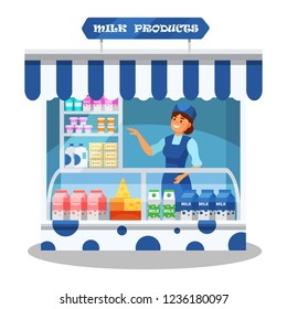 Woman character, business person, seller, behind the counter with fresh dairy products. Exterior of milk street shop, local farmers market, homemade milk products on shelves. Vector illustration.