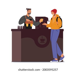 Woman Character Buying Coffee To Go in Cafe. Beverage Retail on White Background. Takeaway Cold and Hot Drinks, Street Food Recreation, City Dweller Lifestyle. Cartoon People Vector Illustration