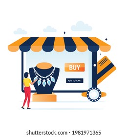 Woman character buying luxury jewels, online jewelry shop  with precious necklaces,vector flat illustration