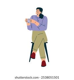 Woman Character in Cafe Sitting on Chair with Cup and Talking Vector Illustration