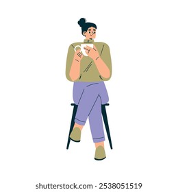 Woman Character in Cafe Sitting on Chair with Cup Vector Illustration