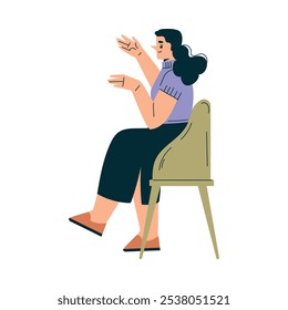 Woman Character in Cafe Sitting on Chair and Talking Vector Illustration