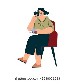 Woman Character in Cafe Sitting on Chair with Cup Vector Illustration