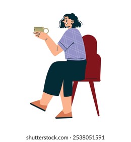 Woman Character in Cafe Sitting on Chair with Cup Vector Illustration