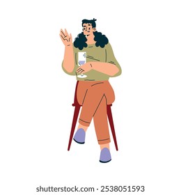 Woman Character in Cafe Sitting on Chair with Glass Vector Illustration