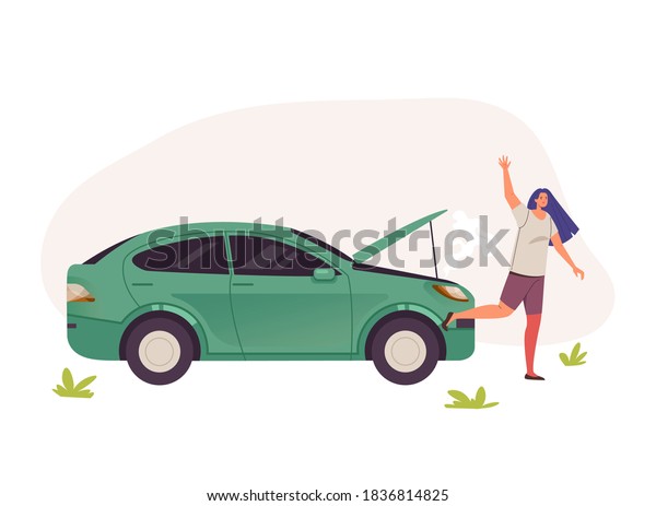 Woman character calling help near broken\
car. Vector flat graphic design\
illustration