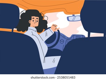 Woman Character in Car Driving Enjoy Road Trip Vector Illustration