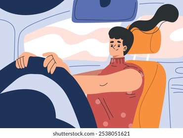 Personagem mulher em carro dirigindo desfrutar de estrada viagem vetor ilustração