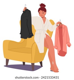 Woman Character Carefully Selects Her Attire In The Comfort Of Her Home, Reflecting Personal Style And Mood, Creating A Unique Expression Of Self Through Chosen Garments. Cartoon Vector Illustration