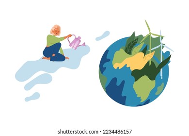 Woman Character Caring about Planet with Watering Can on Cloud and Green Globe Sphere as Saving Ecosystem Vector Set