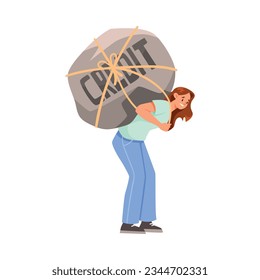 Woman Character Carrying Heavy Stone on Her Back as Severity of Loan and Mortgage Vector Illustration
