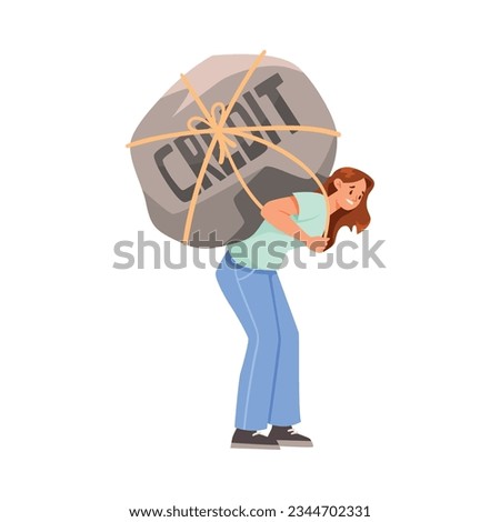 Woman Character Carrying Heavy Stone on Her Back as Severity of Loan and Mortgage Vector Illustration