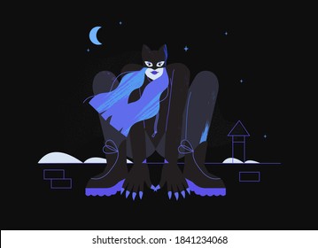 Woman character in cat costume on a building roof top hiding into the night on starry and moon background. Costume party illustration, banner. Creative print for t-shirt with strong powerful woman.