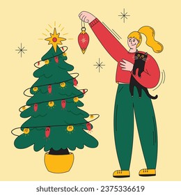 Woman character with cat decorate tree with Christmas balls baubles, holiday girl with xmas ornaments vector illustration