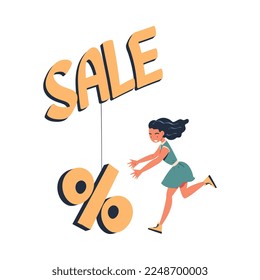 Woman Character Chasing After Discount Percentage Sign on Hook Vector Illustration
