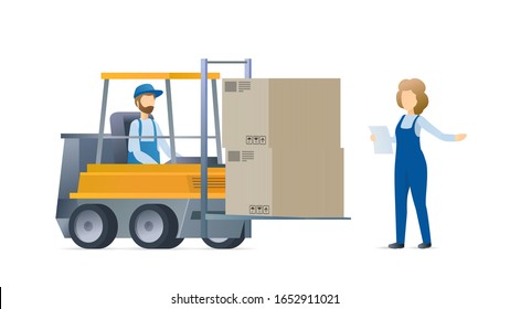 Woman character checking loading and shipment. Forklift truck with worker. Logistic transport service. Vector flat illustration concept on white background.