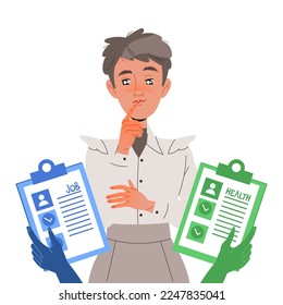 Woman Character Choosing Between Health and Work Having Dilemma Comparing Two Things with Clipboard Vector Illustration