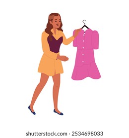 Woman Character Choosing Clothes at Shop or Fashion Store Vector Illustration