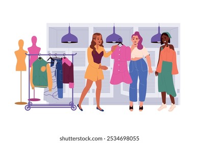 Woman Character Choosing Clothes at Shop or Fashion Store Vector Illustration