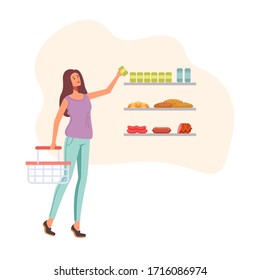 Woman character choosing food in supermarket. Vector graphic design illustration