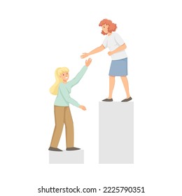 Woman Character Climbing Up to the Goal Helping Colleague Vector Illustration