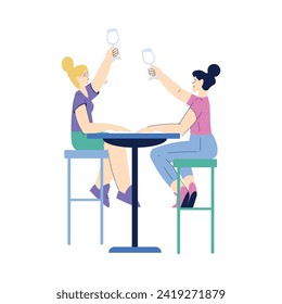 Woman Character Clinking with Glass Enjoying Cold Refreshing Drink Vector Illustration