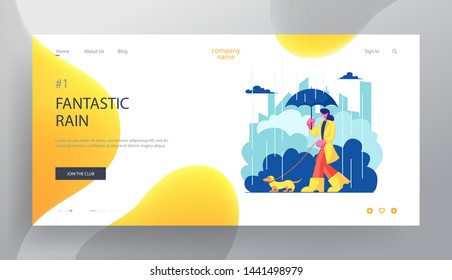 Woman Character in Cloak and Boots Walk with Dog at Rainy Weather , Girl Spend Time with Pet Outdoors. Relax, Leisure, Animals Website Landing Page, Web Page. Cartoon Flat Vector Illustration, Banner