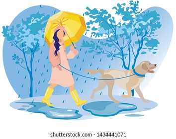 Woman Character in Cloak and Boots Walking with Dog at Rainy Weather in City Park. Girl Spending Time with Pet Outdoors. Relax, Leisure, Communication with Animal. Cartoon Flat Vector Illustration