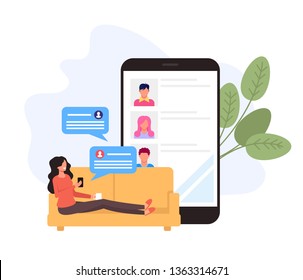 Woman character communication with friends by smartphone online chat. Online communications concept. Vector flat cartoon design graphic isolated illustration