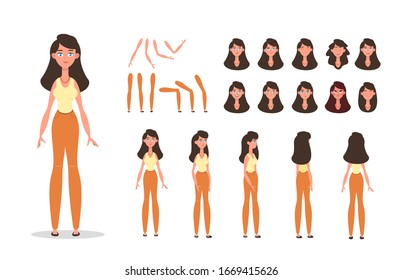 Woman character constructor for animation with various views, poses, gestures, hairstyles and emotions. Cartoon young woman, female parts of body ready to use poses. Vector illustration