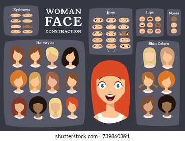 Woman Character Constructor. Cartoon Woman Face Parts Creation Spare Parts. Cartoon Style Faces. Body Part. Vector Illustration