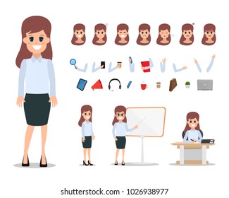 Woman character constructor for different poses. Set of various women's faces. Illustration vector isolated on white background.