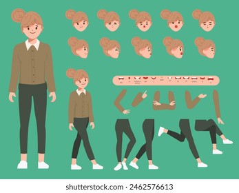 Woman character constructor for different poses. Set of various women's emotion faces.
