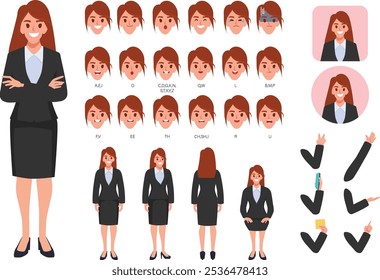 Woman character constructor for different poses. Set of various women's faces. Illustration vector isolated on white background.