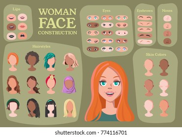 Woman Character Constructor. From Housewife To Hipster. Cartoon Woman Face Parts Creation Spare Parts. Cartoon Style Faces. Body Part. Vector Illustration