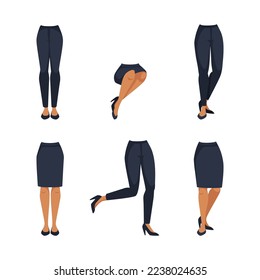 Woman character constructor. Legs, lower body part in dark blue trousers and skirt for girl creation cartoon vector illustration