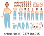 Woman character constructor. A set of positions and views of the body, arms and legs, emotions for animation. Vector illustration in flat style