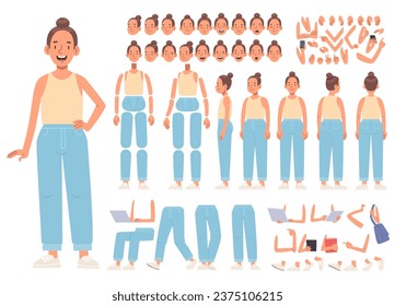 Woman character constructor. A set of positions and views of the body, arms and legs, emotions for animation. Vector illustration in flat style