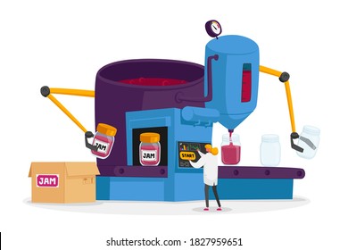 Woman Character Control Preservation of Jam to Glass Jars at Automated Manufacture Robotics Machine Put Berry Dessert into Canning Jars. Preserving of Products on Plant. Cartoon Vector Illustration