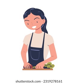 Woman Character Cooking at Home Chopping Vegetables with Knife Standing at Table Vector Illustration