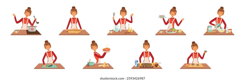 Woman Character Cooking at Home Enjoy Culinary Process Vector Set