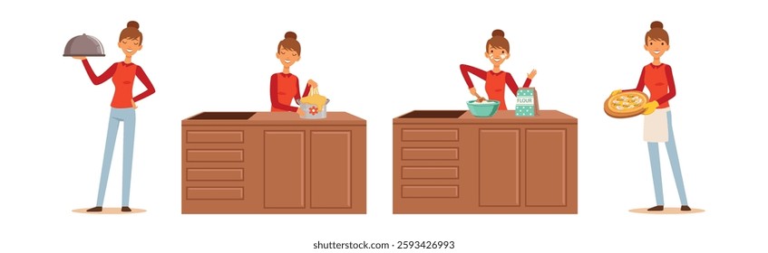 Woman Character Cooking at Home Enjoy Culinary Process Vector Set