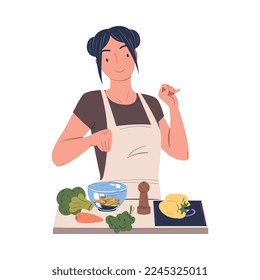 Ilustración de vectores de mesa con personajes femeninos cocinando ensalada casera en un bol