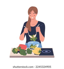 Woman Character Cooking at Home Mixing Salad in Bowl Standing at Table Vector Illustration